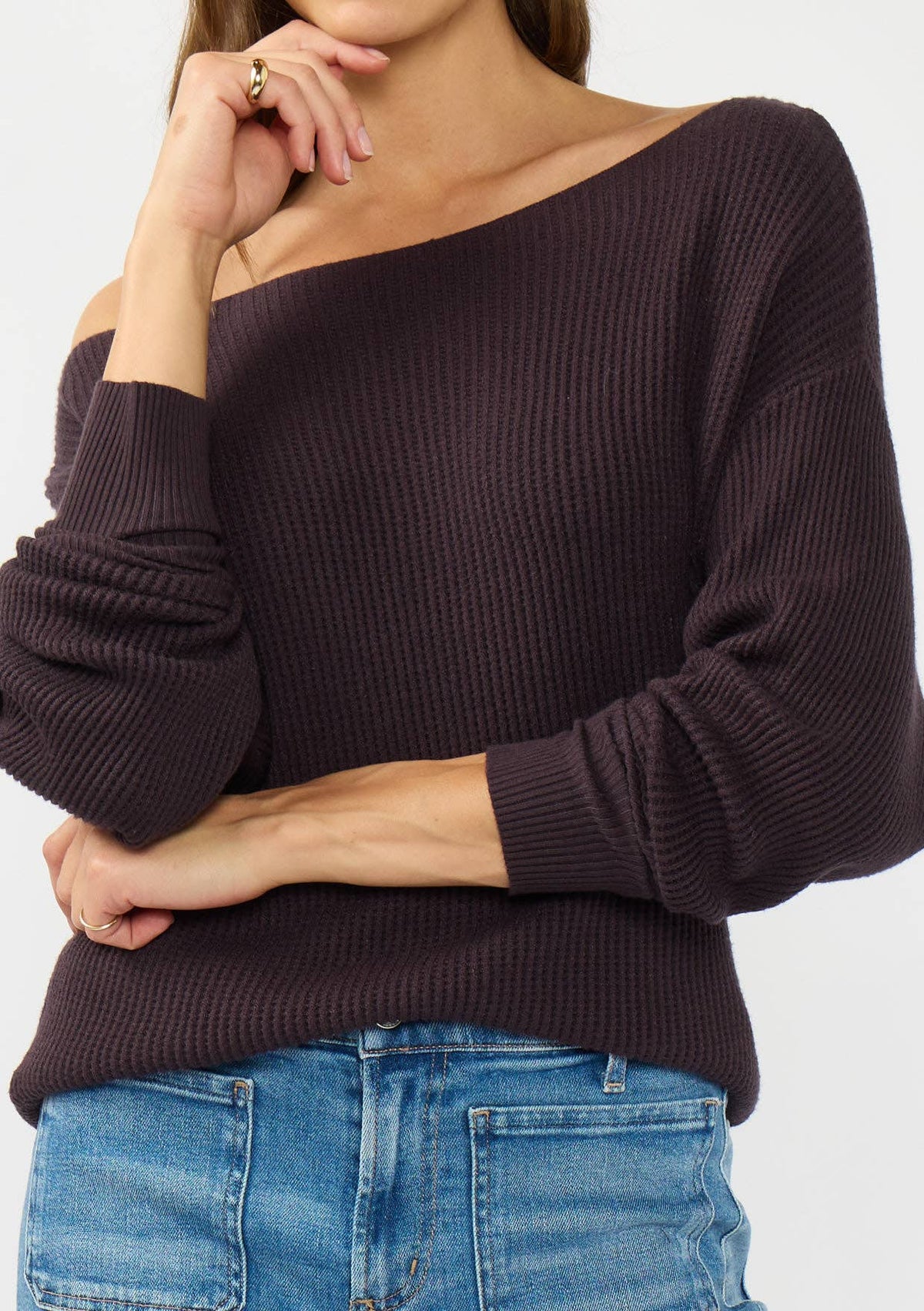Long Sleeve Waffle Knit Pullover Sweater: Natural / M