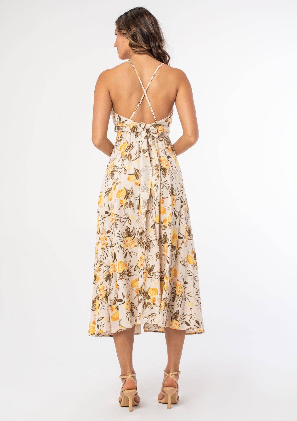 Linen Blend Cross Back Surplice Midi Dress: Natural/Yellow / L