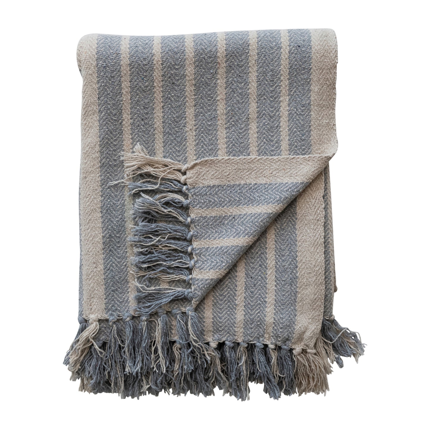 Creative Coop Woven Cotton Throw With Fringe - Blue Natural Stripe