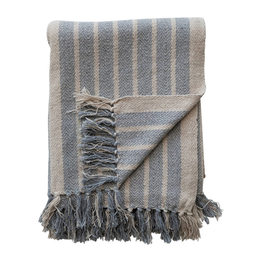 Creative Coop Woven Cotton Throw With Fringe - Blue Natural Stripe