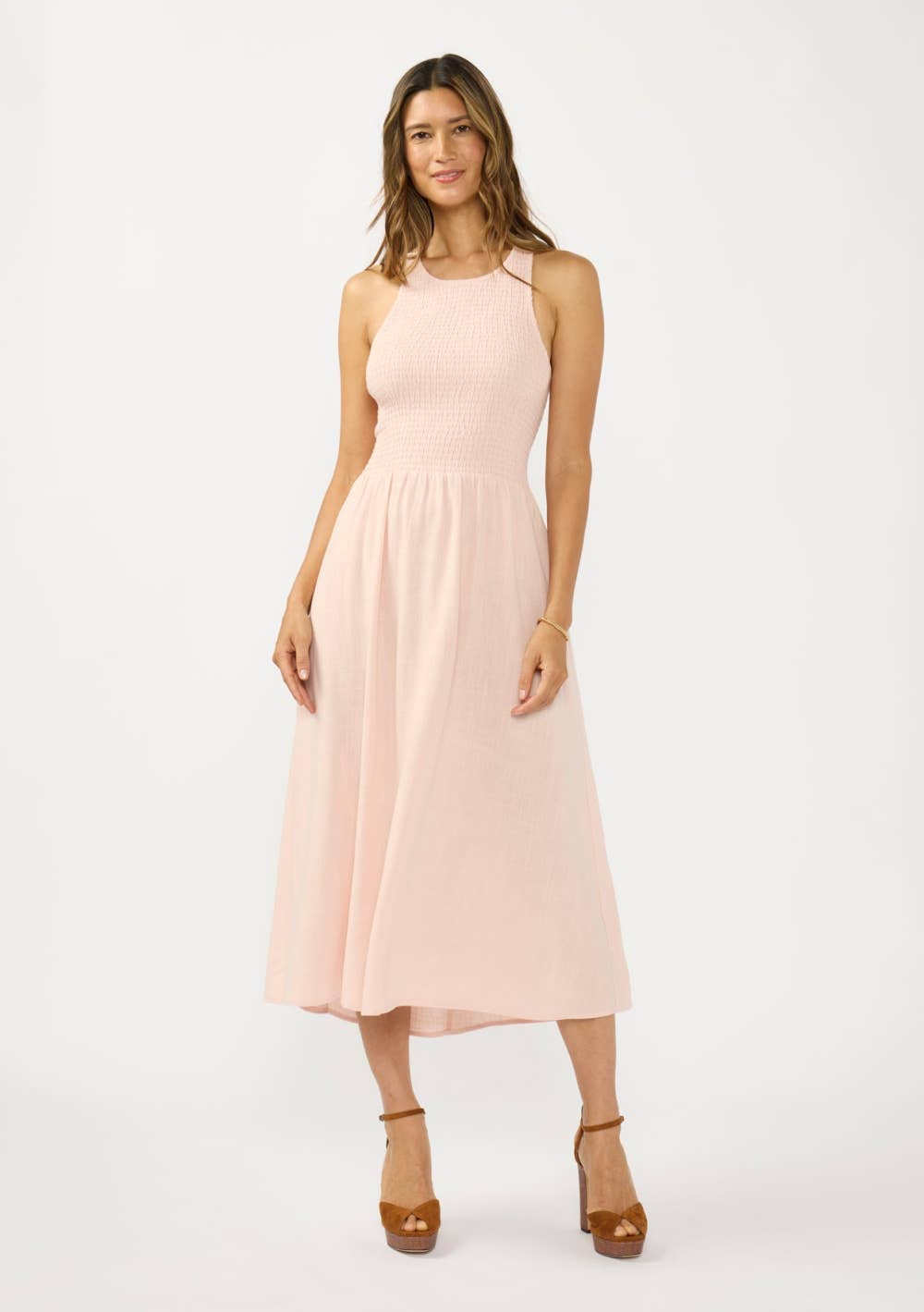 Smocked Tie Back Midi Dress: SHELL PINK / L