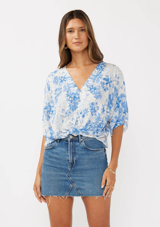 Floral V-Neck Button-Down Knot Front Top: Off White Dusty Blue
