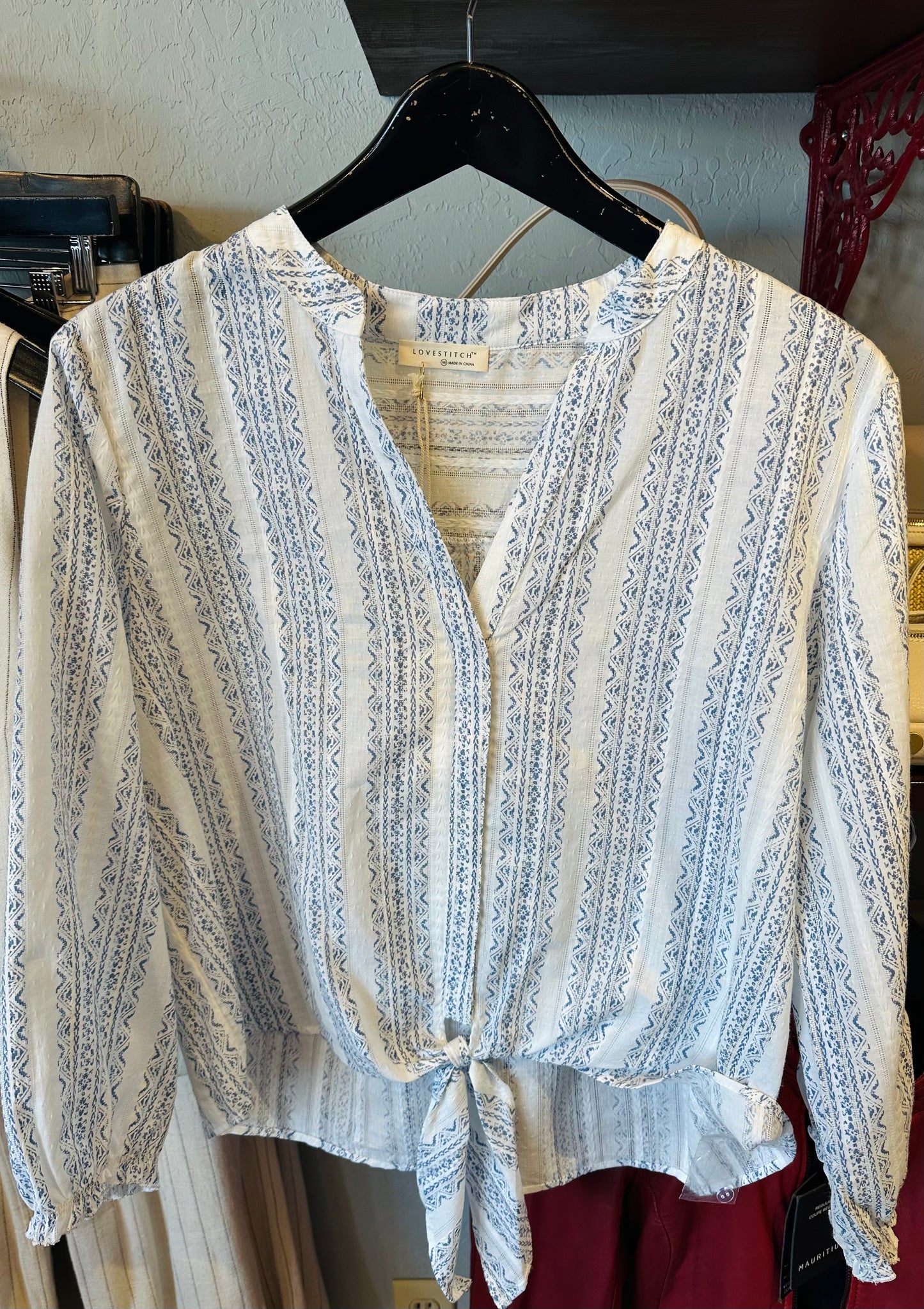 Lovestitch 3/4 Sleeve White/Dusty Blue Blouse