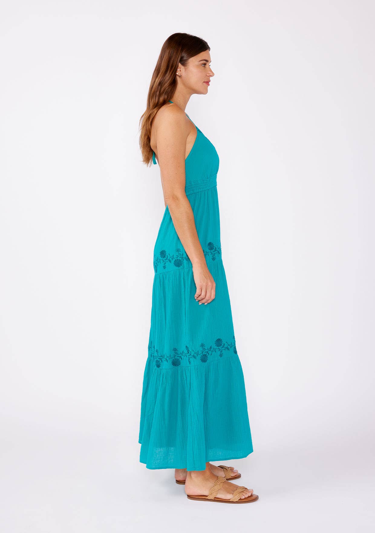 Boho Embroidered V Neck Tiered Halter Maxi Dress: Teal Blue / L