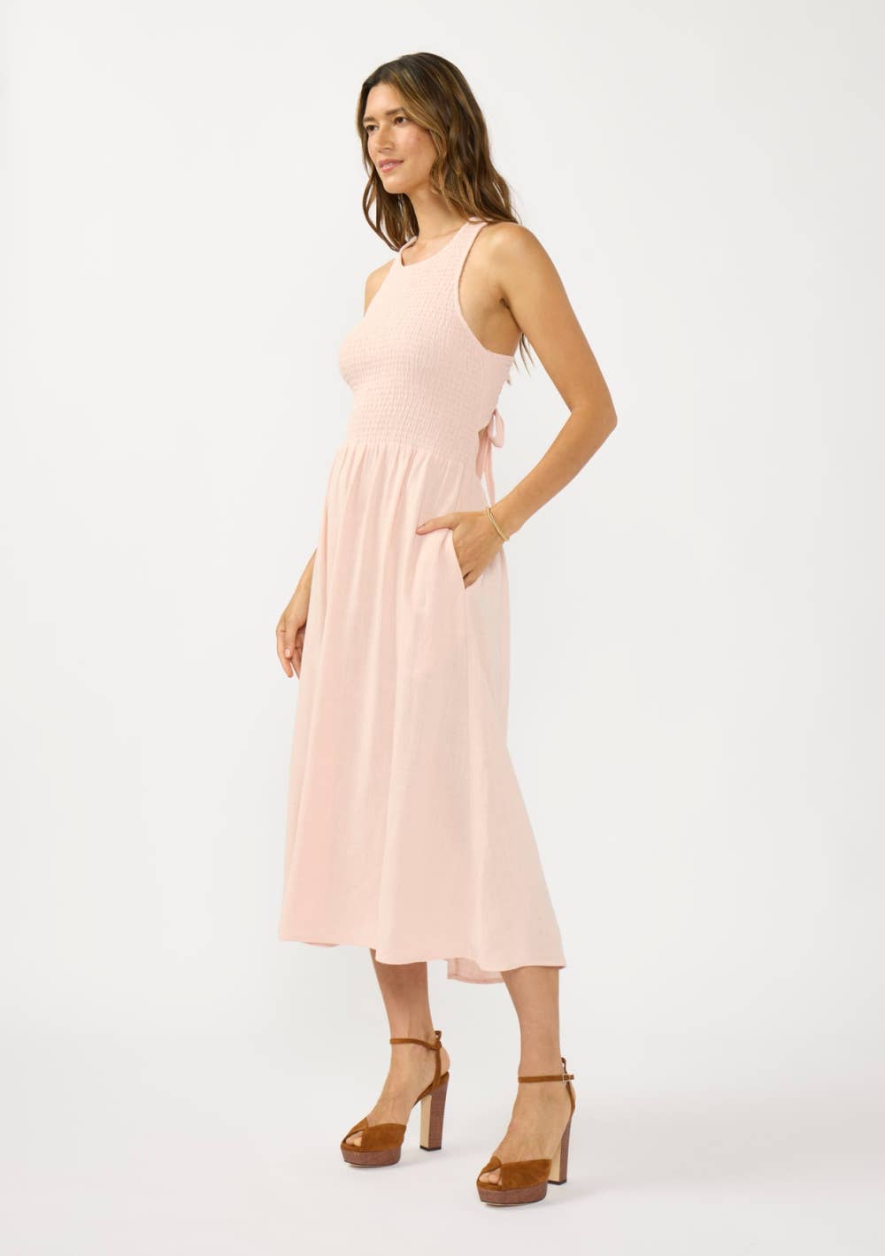 Smocked Tie Back Midi Dress: SHELL PINK / S