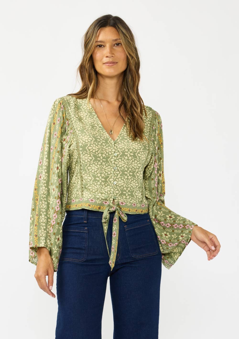 V-Neck Button-Down Tie Front Wide Sleeve Blouse w/ Lace Trim: OLIVE/ROSE / M