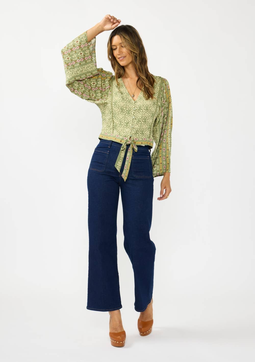 V-Neck Button-Down Tie Front Wide Sleeve Blouse w/ Lace Trim: OLIVE/ROSE / S