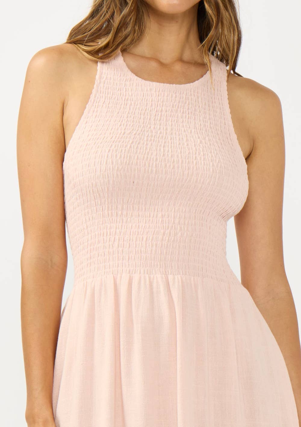 Smocked Tie Back Midi Dress: SHELL PINK / L