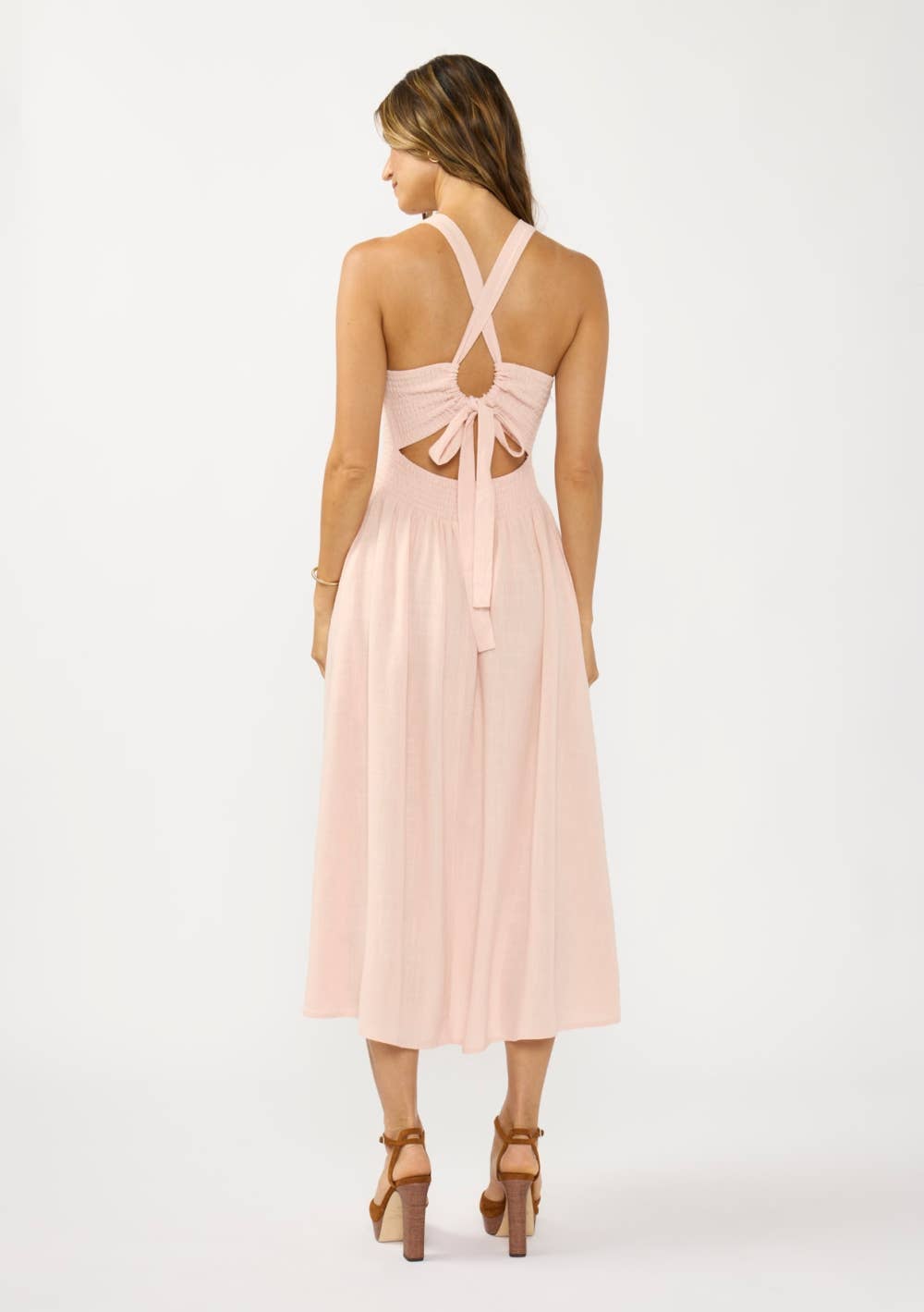 Smocked Tie Back Midi Dress: SHELL PINK / L