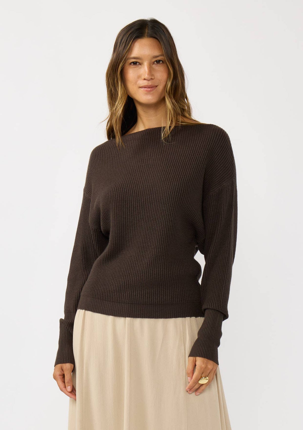 Long Sleeve Waffle Knit Pullover Sweater: Natural / L
