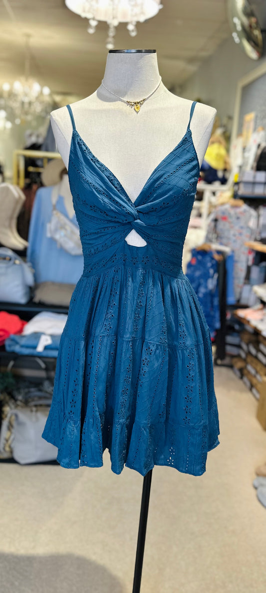 Angie Teal Eyelet Mini Dress