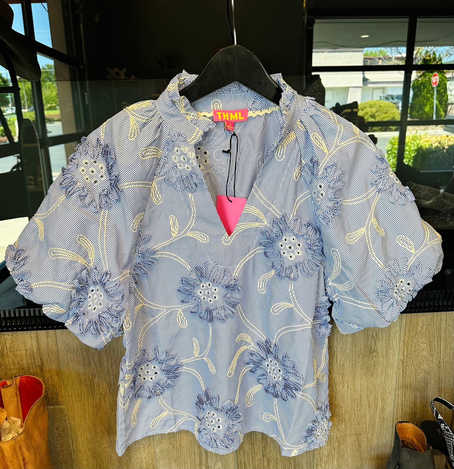 THML Floral Puff Sleeve Embroidered Blouse
