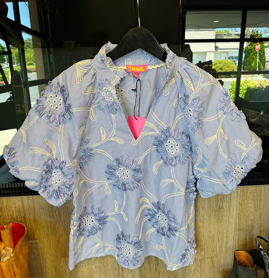 THML Floral Puff Sleeve Embroidered Blouse