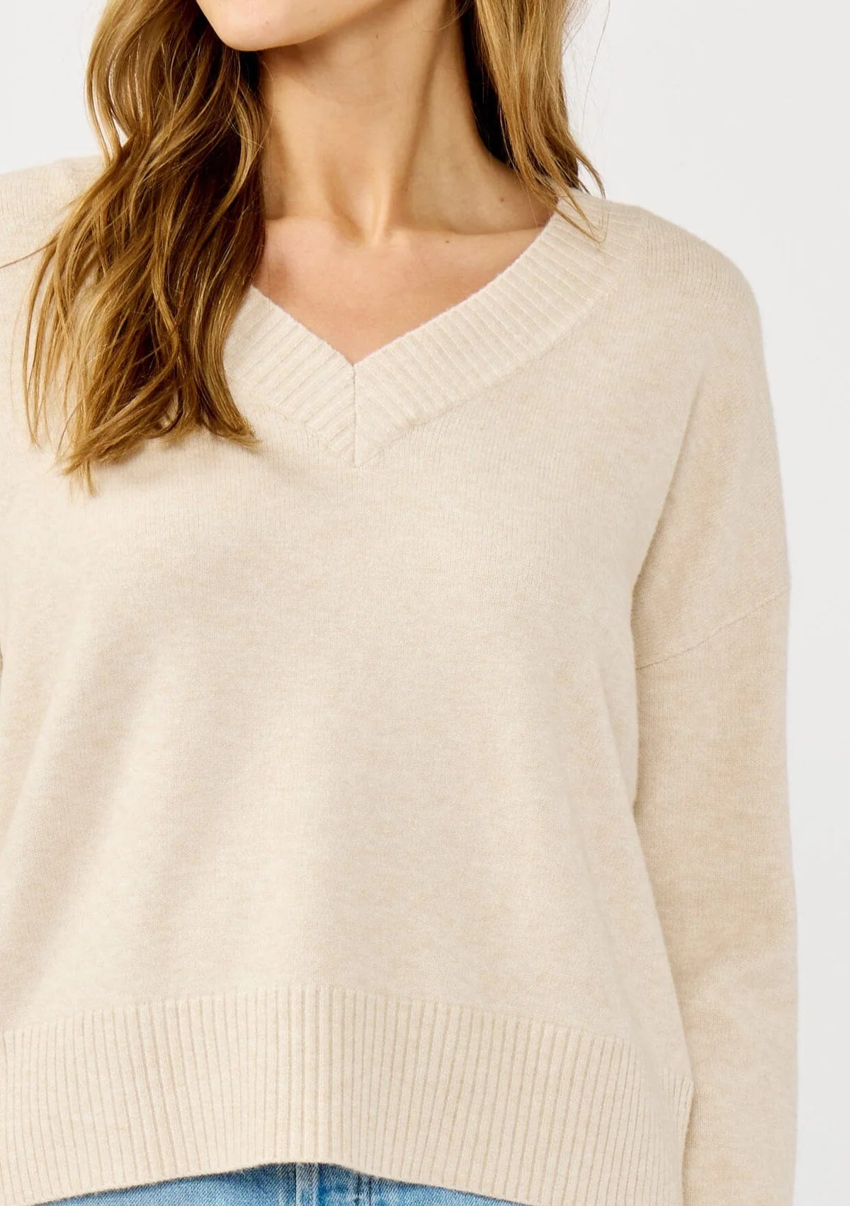 Lovestitch Drop Shoulder V-Neck Ribbed Sweater