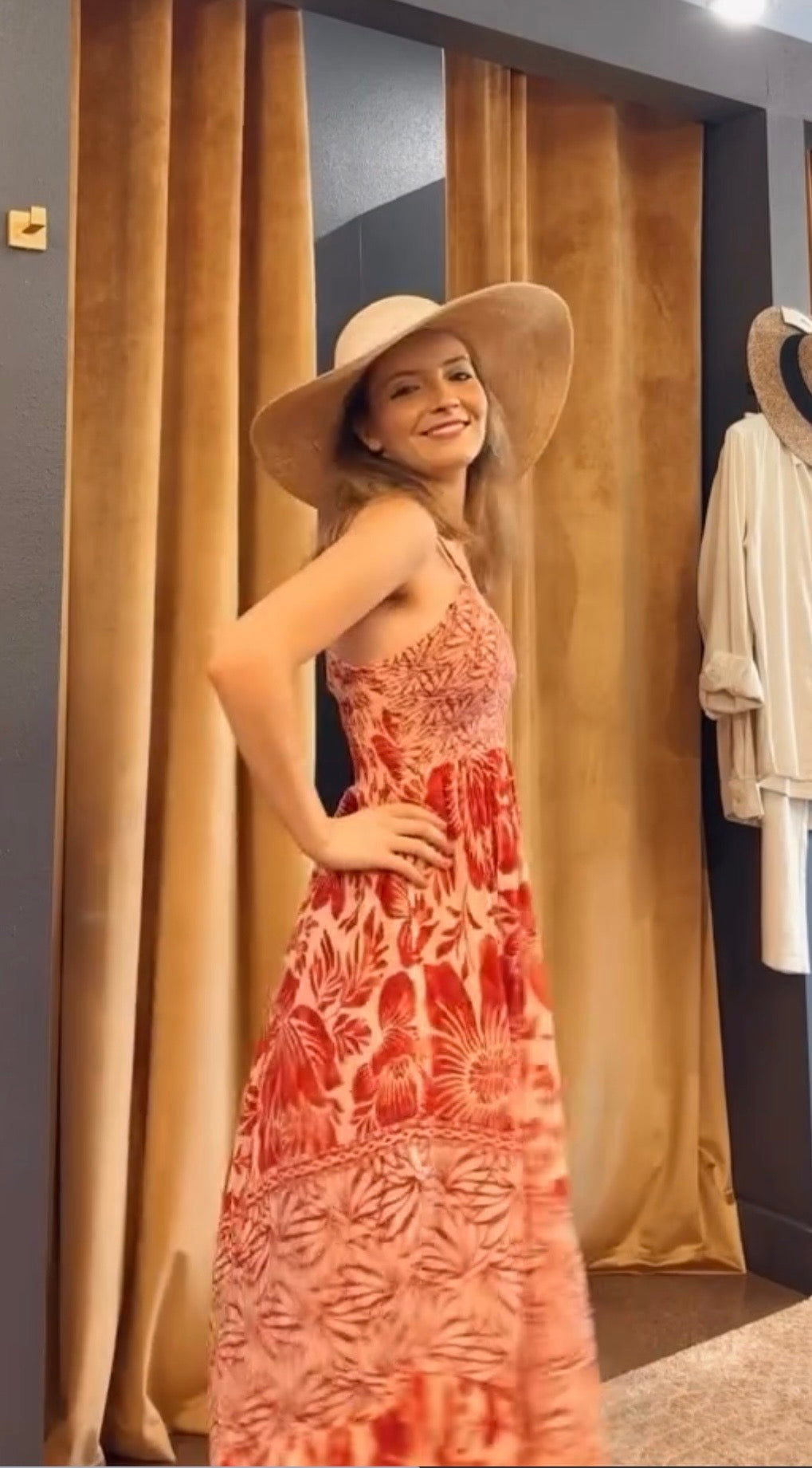 Angie Tan and Red Midi Dress