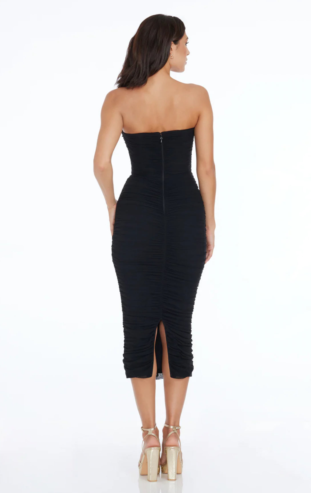 dress the population heather strapless ruched midi dress Dress The Population Heather Ruched Bodycon Dress