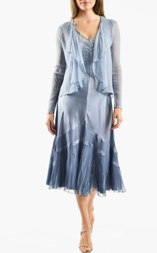 Komarov Persian Blue Ombré Dress With Ruffle Jacket