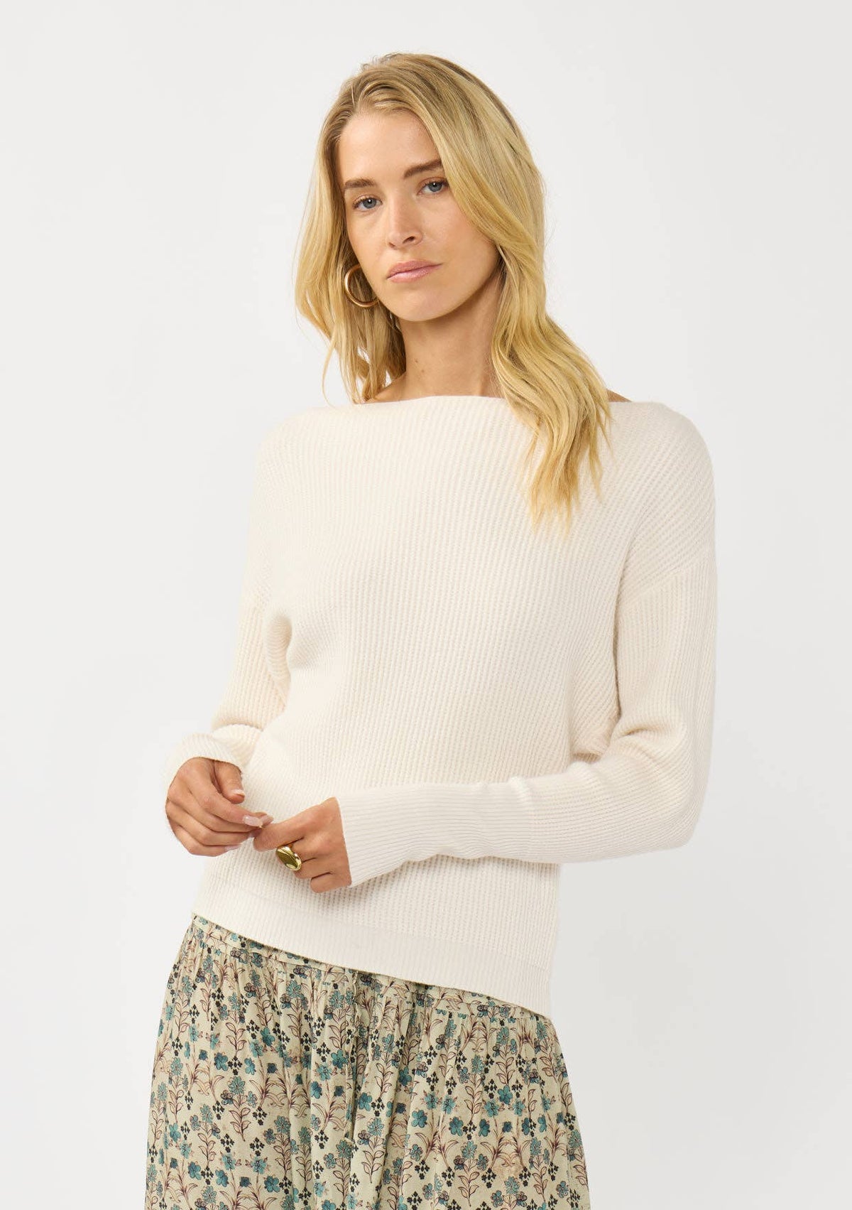 Long Sleeve Waffle Knit Pullover Sweater: Natural / L