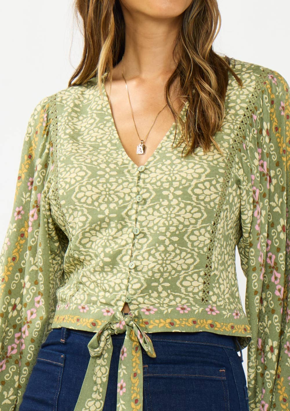 V-Neck Button-Down Tie Front Wide Sleeve Blouse w/ Lace Trim: OLIVE/ROSE / S