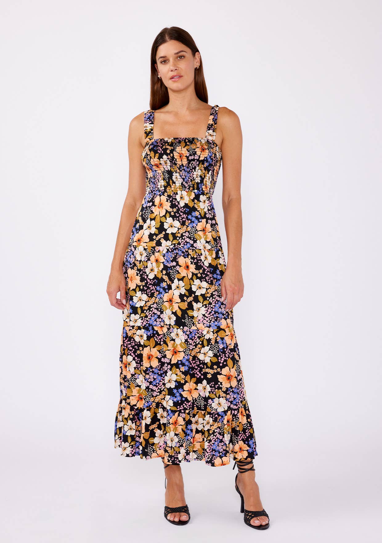 Floral Satin Smocked Tiered Maxi Dress: Black/Dusty Coral / S