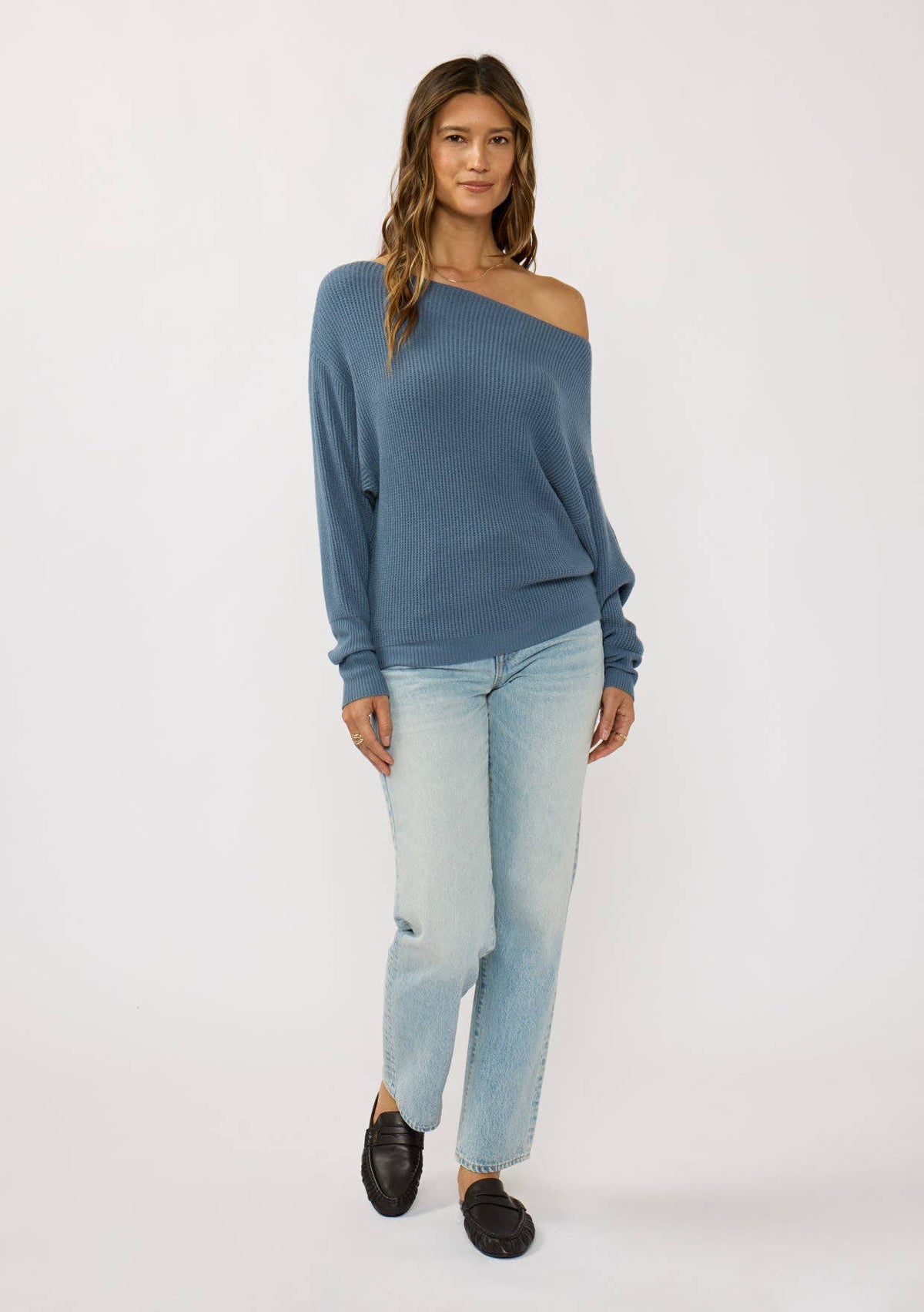 Long Sleeve Waffle Knit Pullover Sweater: Natural / S