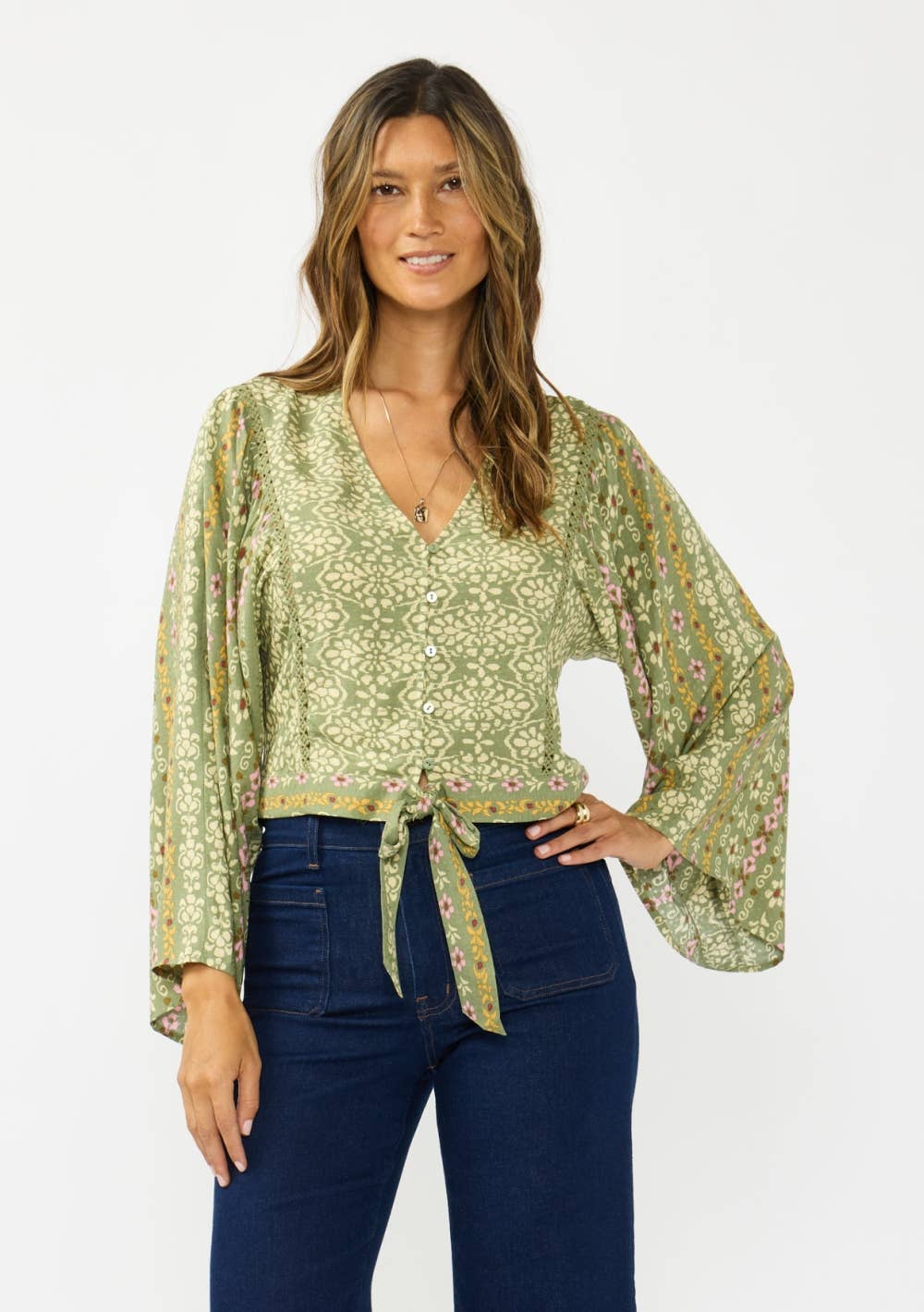 V-Neck Button-Down Tie Front Wide Sleeve Blouse w/ Lace Trim: OLIVE/ROSE / L