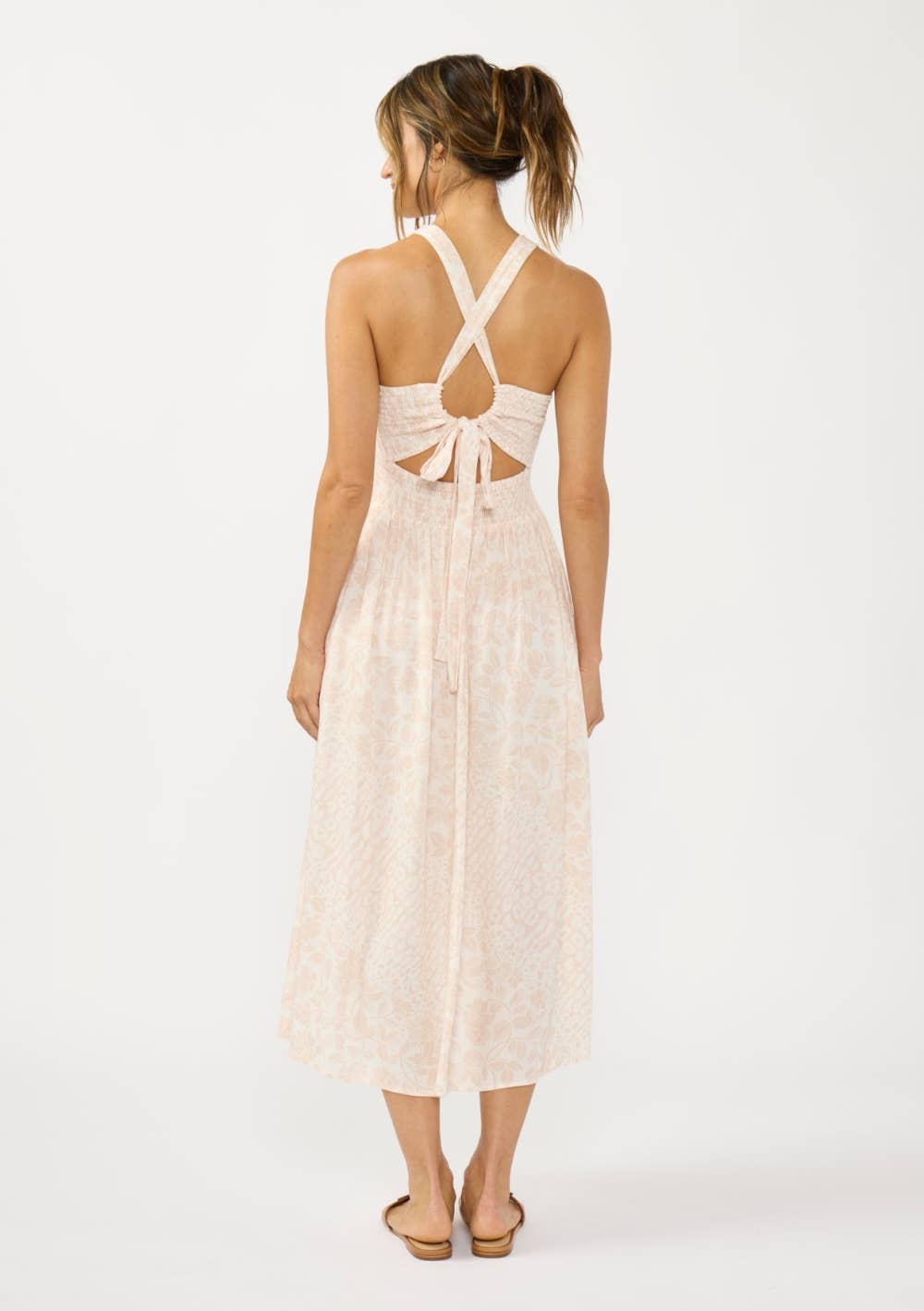 Smocked Bodice Tie Back Midi Dress: SHELL/CREAM / M