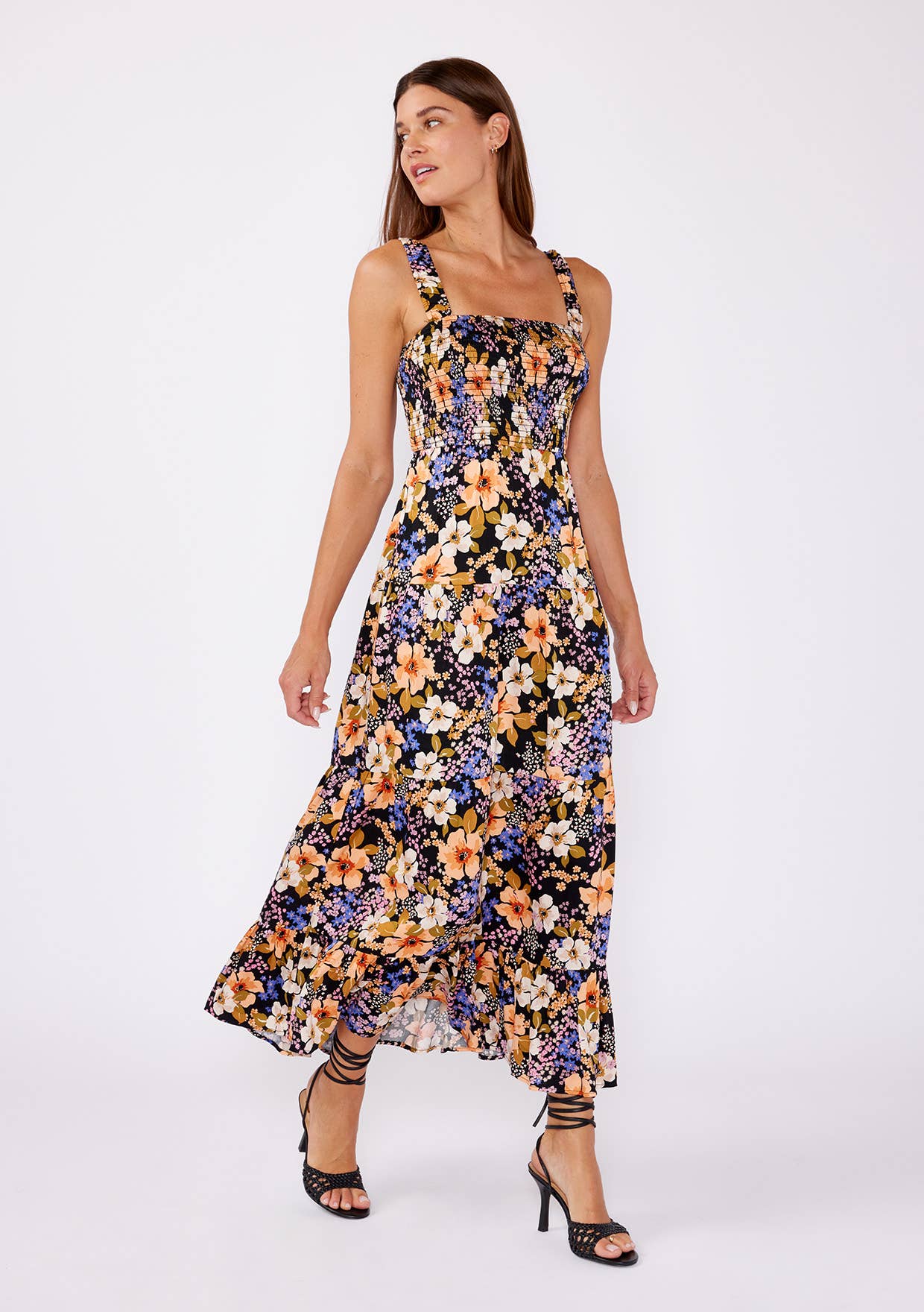 Floral Satin Smocked Tiered Maxi Dress: Black/Dusty Coral / M