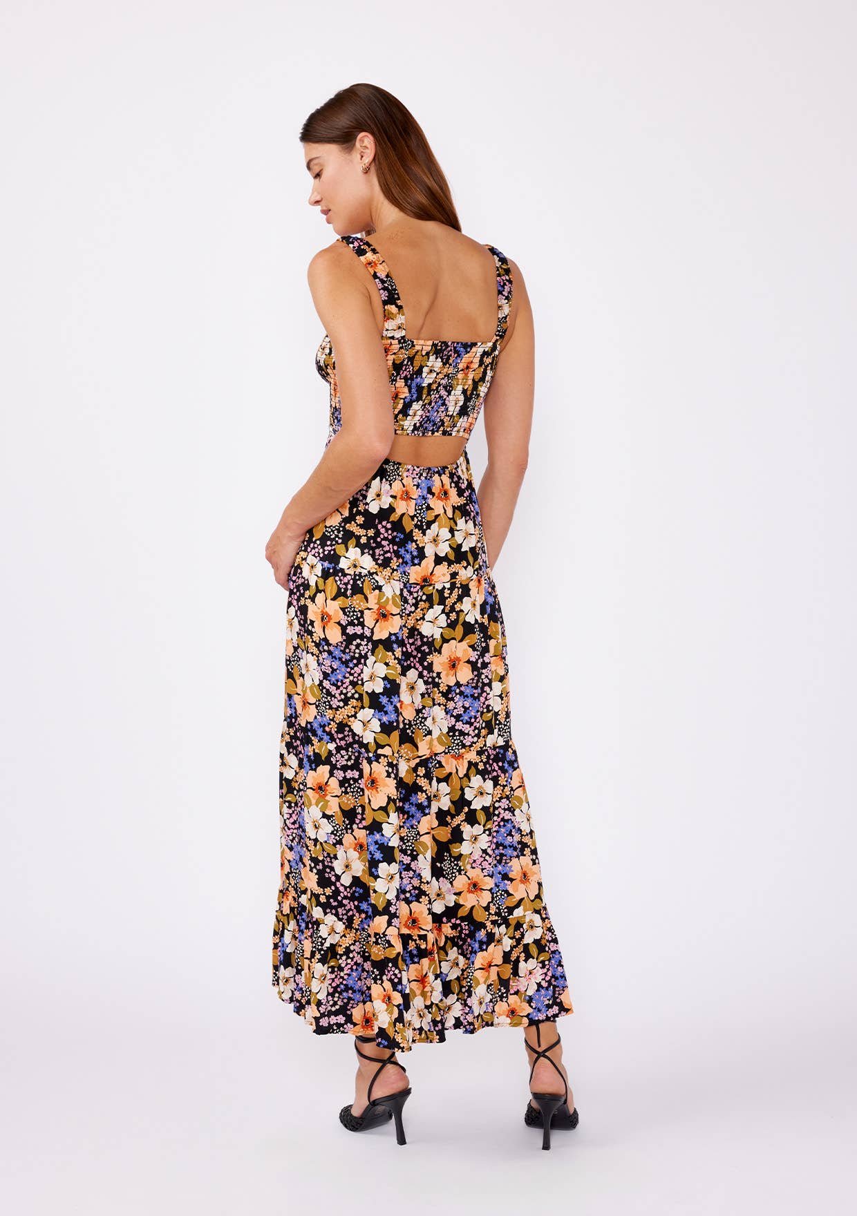 Floral Satin Smocked Tiered Maxi Dress: Black/Dusty Coral / M
