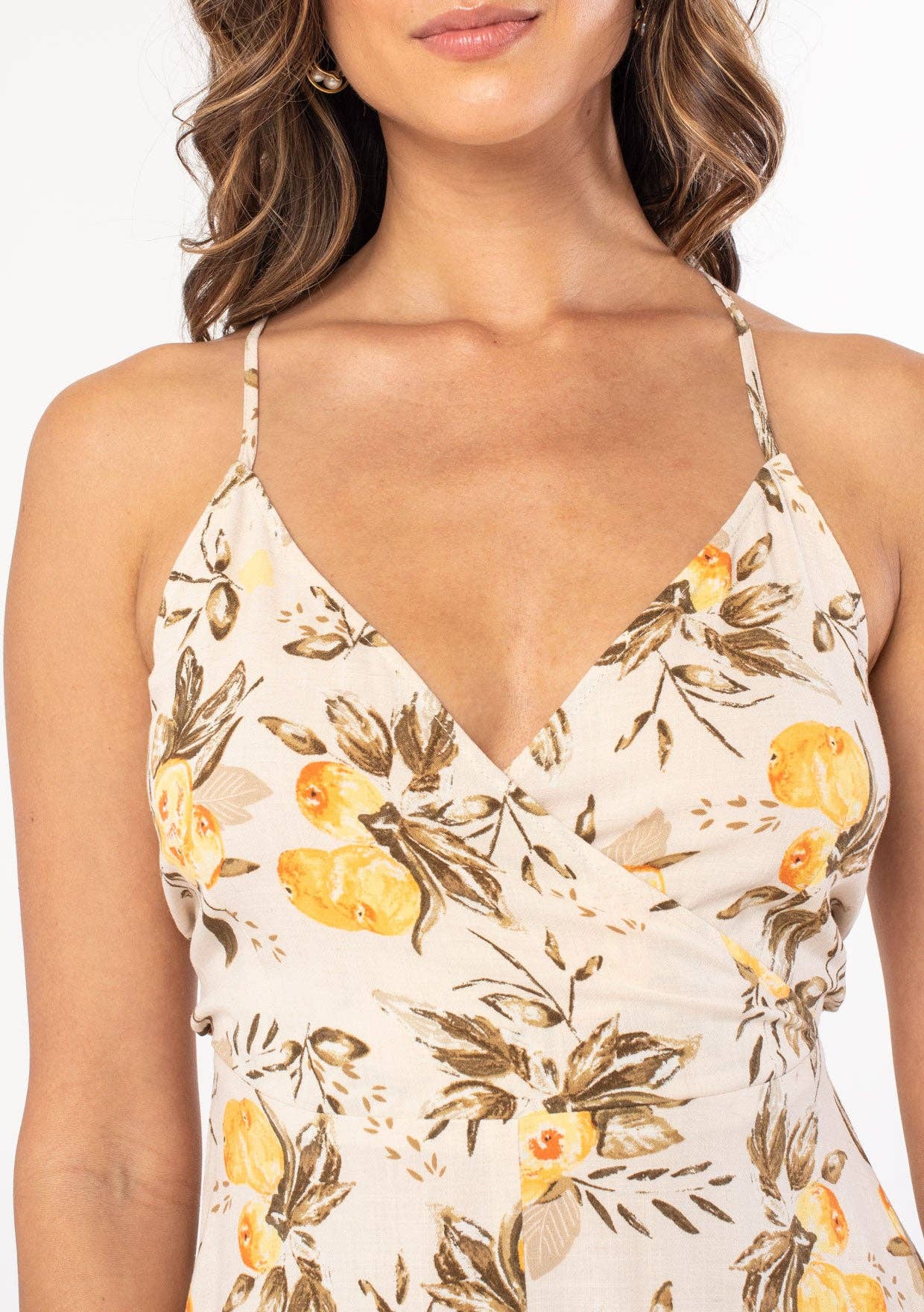 Linen Blend Cross Back Surplice Midi Dress: Natural/Yellow / L
