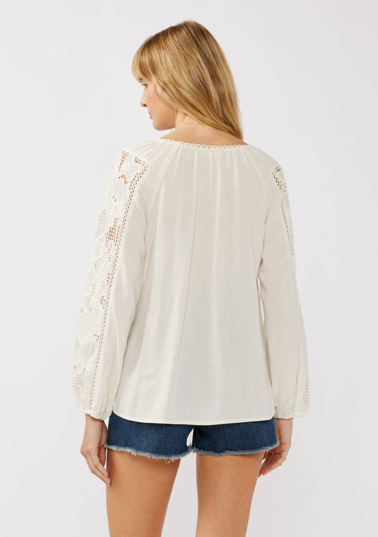 Embroidered Lace Trim Split Neck Blouse
