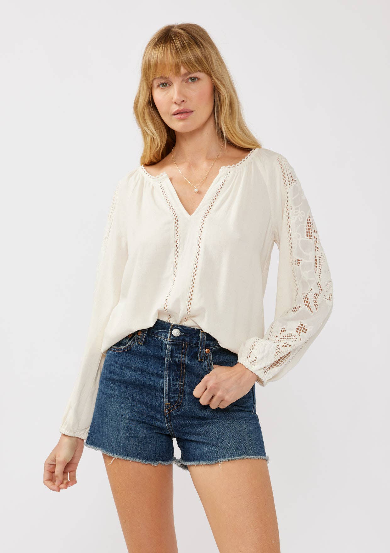 Embroidered Lace Trim Split Neck Blouse
