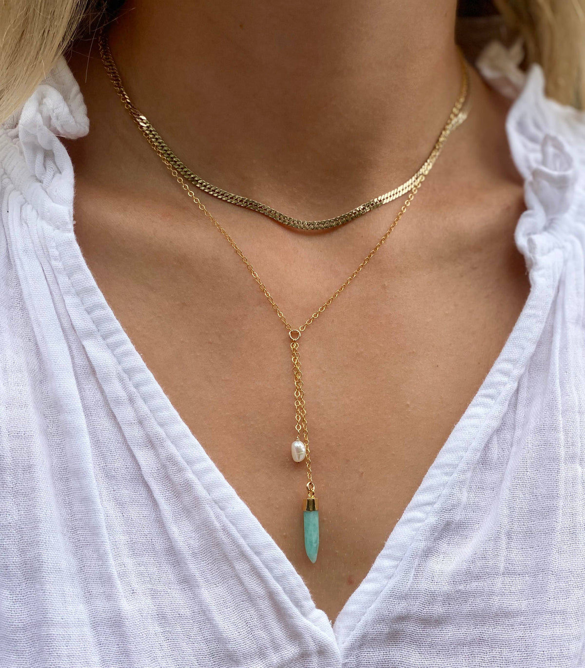 Amazonite and pearl lariat necklace 