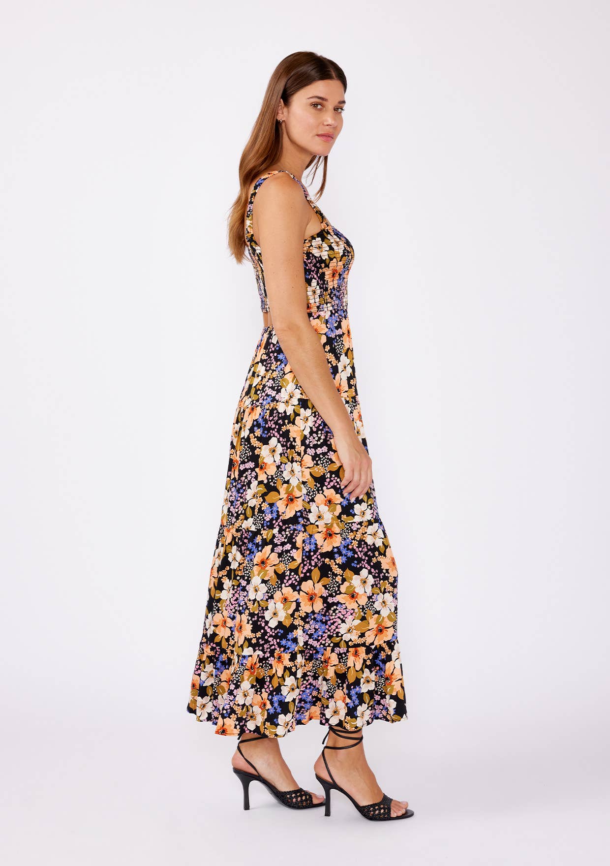 Floral Satin Smocked Tiered Maxi Dress: Black/Dusty Coral / S