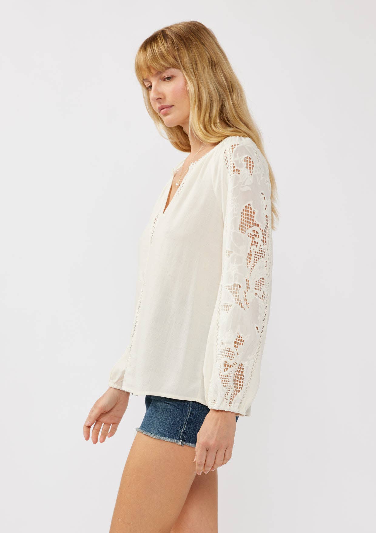 Embroidered Lace Trim Split Neck Blouse