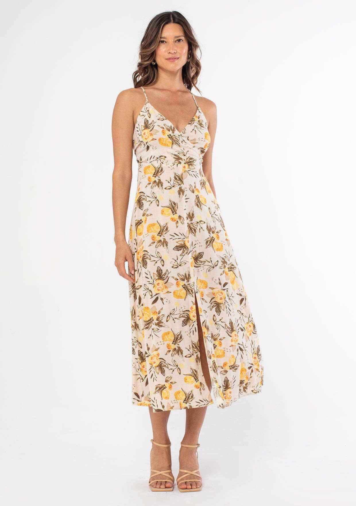 Linen Blend Cross Back Surplice Midi Dress: Natural/Yellow / L