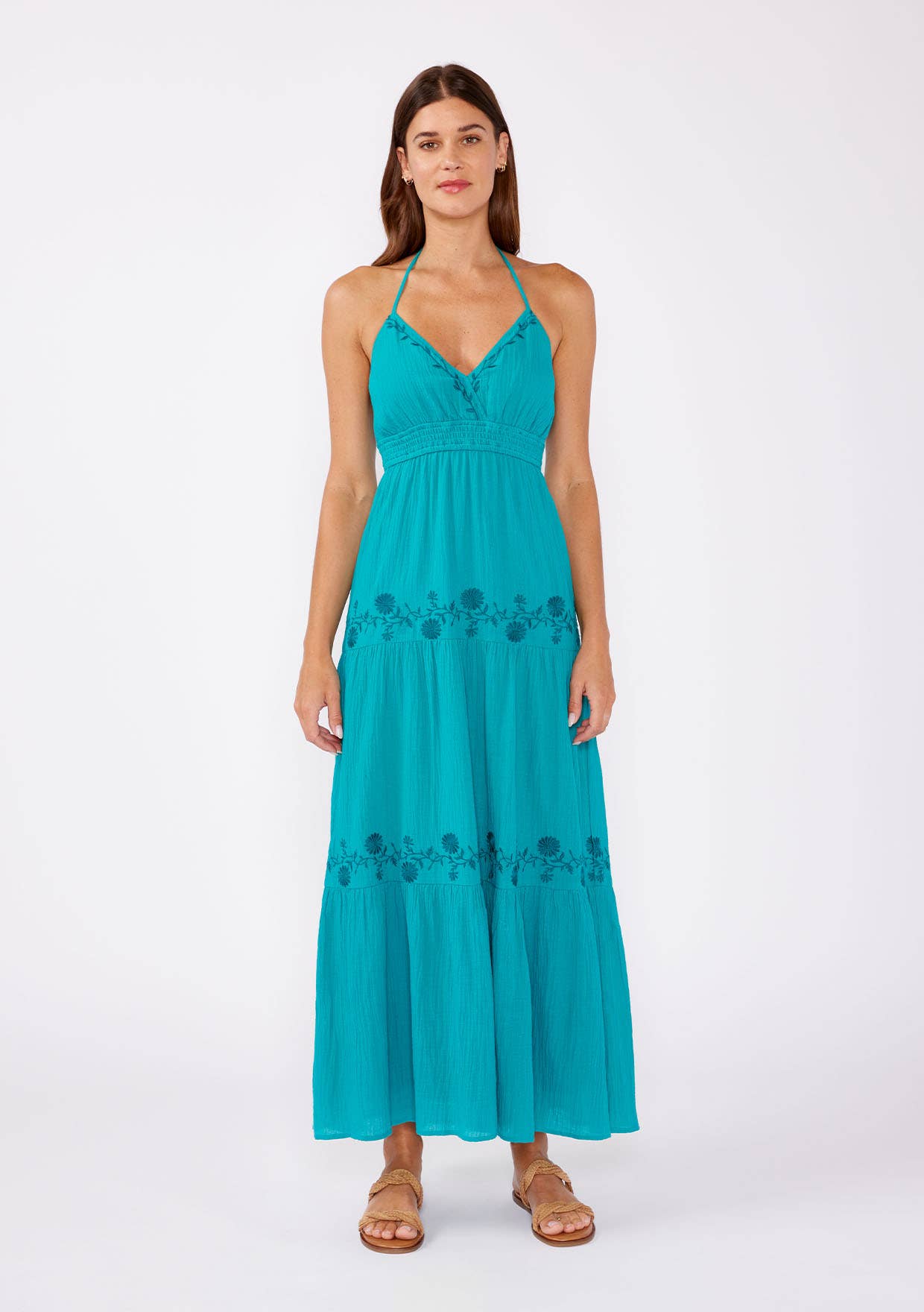 Boho Embroidered V Neck Tiered Halter Maxi Dress: Teal Blue / L