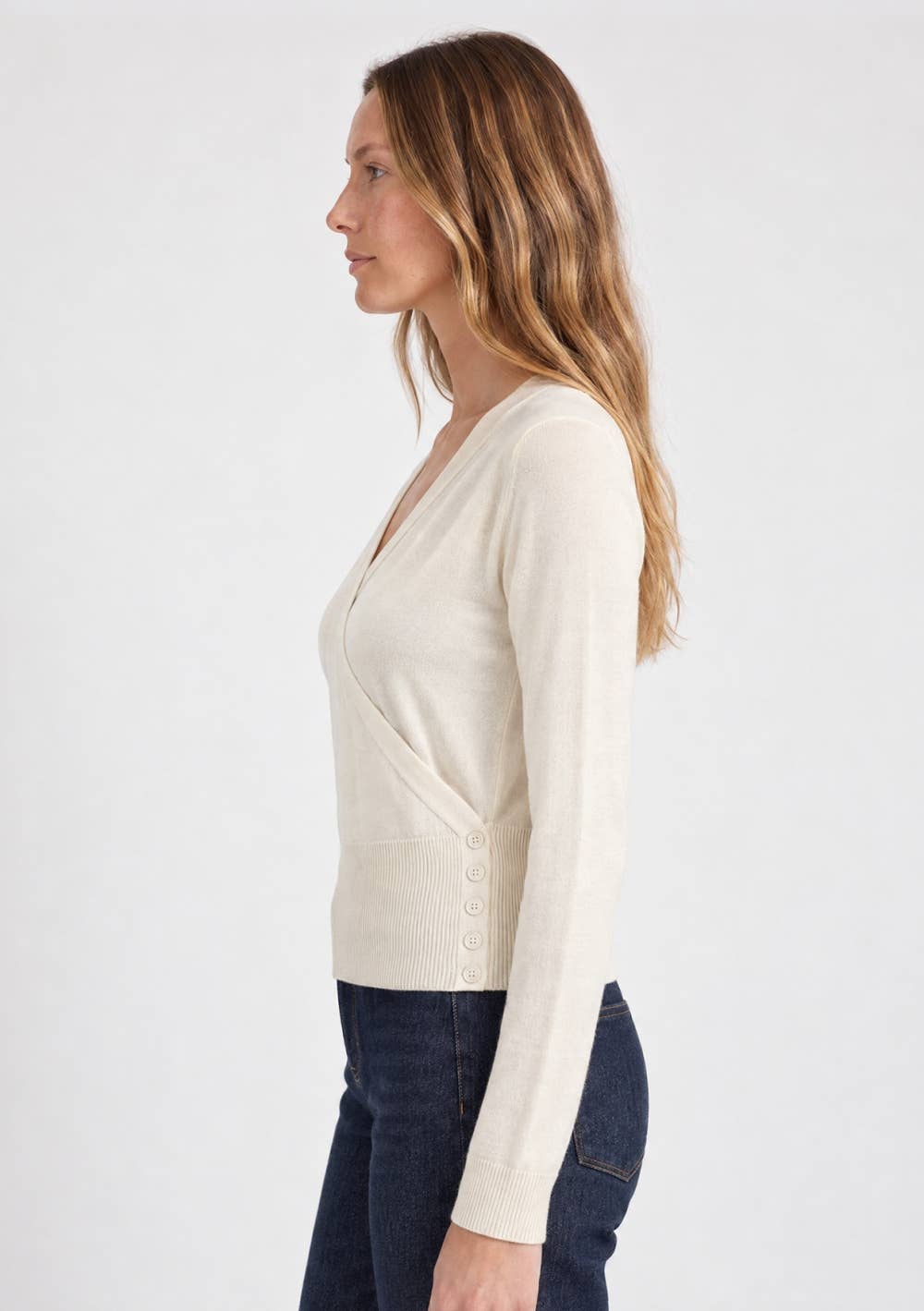 Button Wrap Cardigan With Wide Rib Hem: CREAM / S