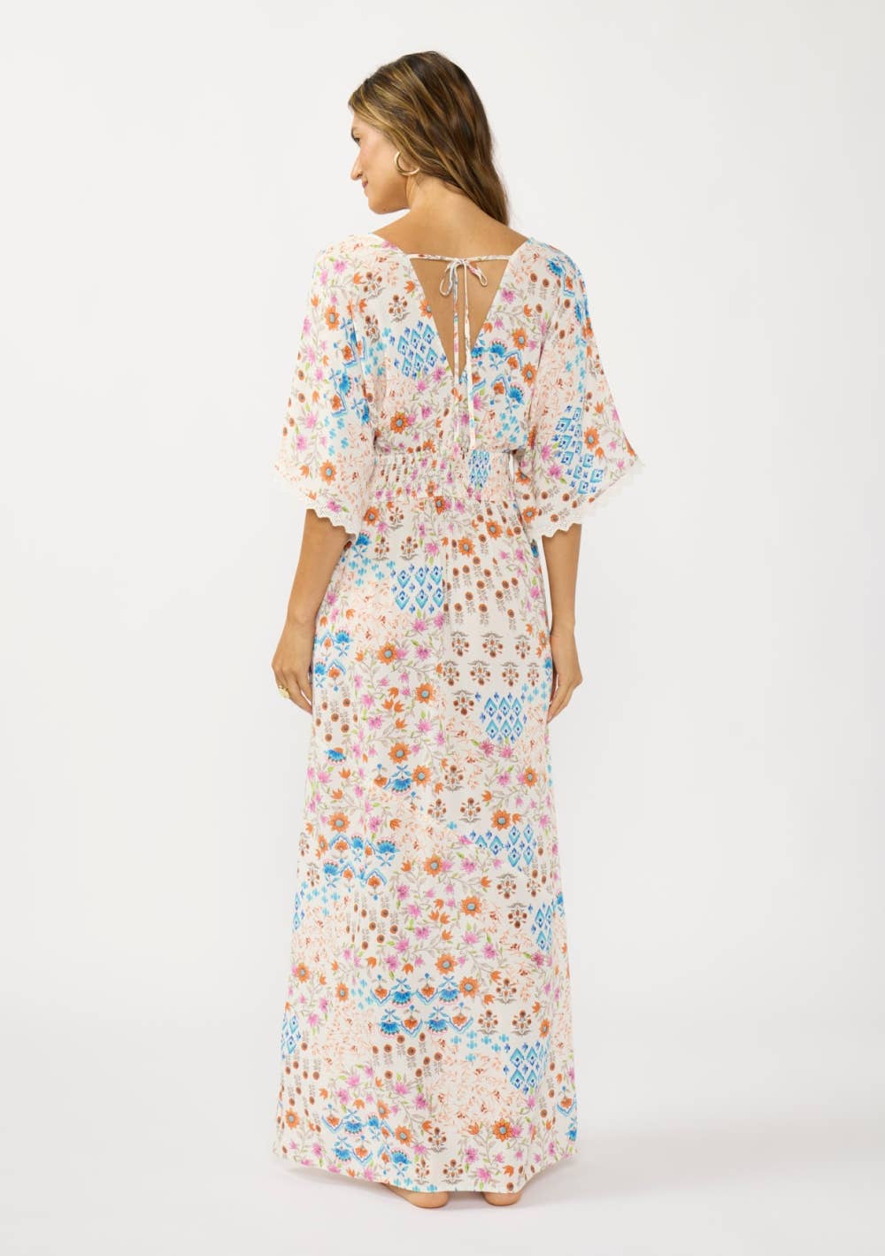 Kimono Sleeve Smocked Waist Maxi Dress with Front Slit: IVORY/ORANGE / SM