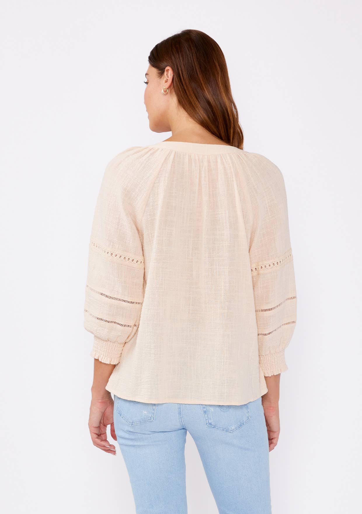 Smocked 3/4 Sleeve Lace Trim Blouse