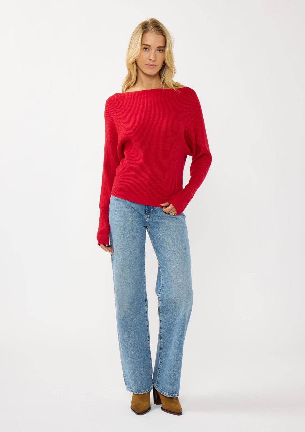Long Sleeve Waffle Knit Pullover Sweater: Natural / L