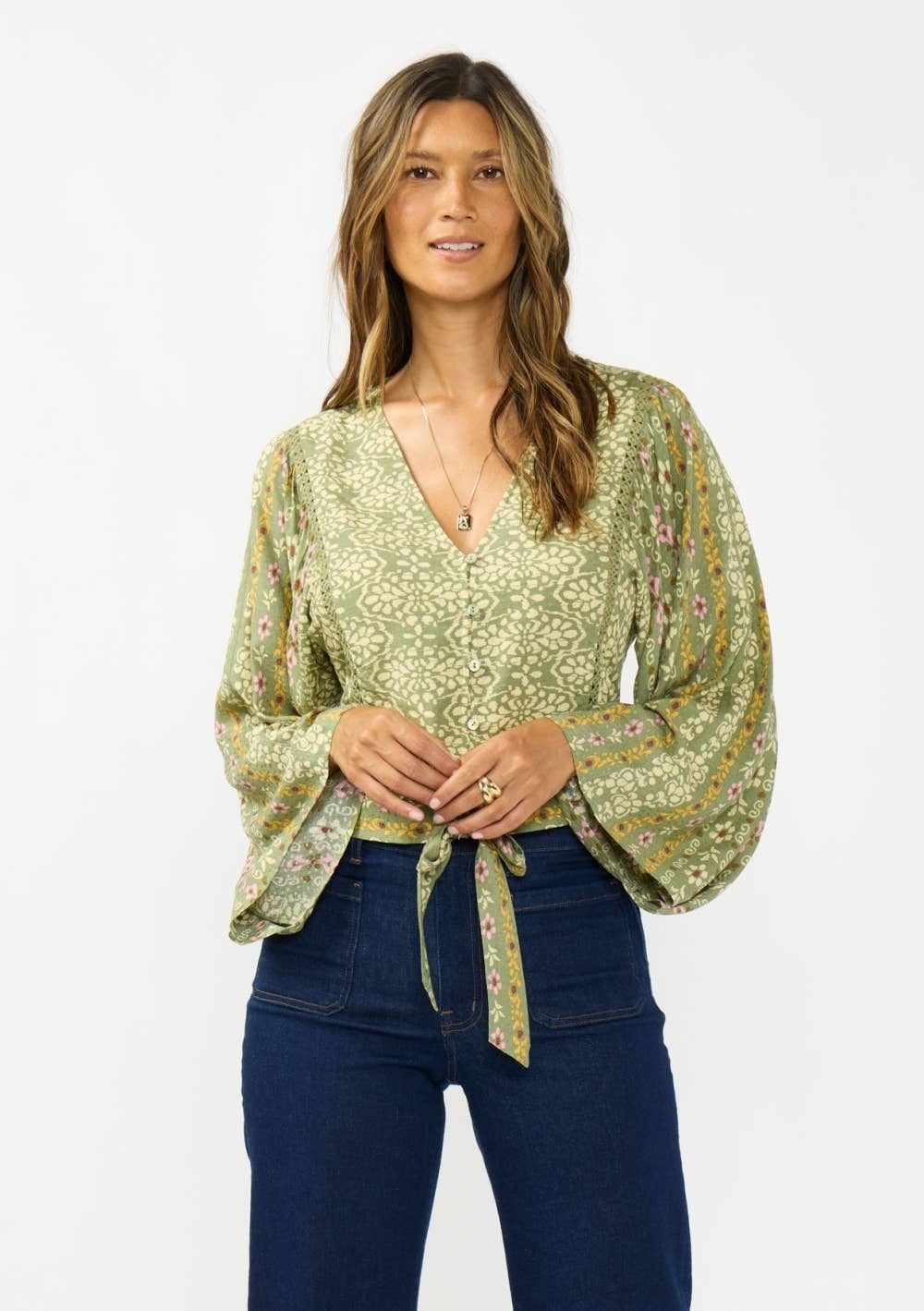 V-Neck Button-Down Tie Front Wide Sleeve Blouse w/ Lace Trim: OLIVE/ROSE / S